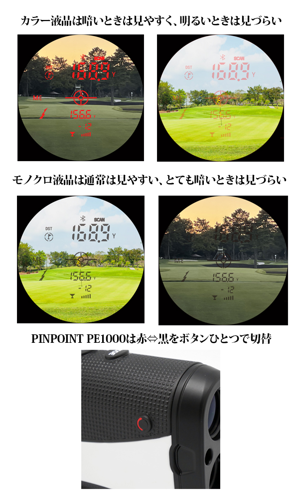 ゴルフ距離計レーザーアキュラシーPNPOINT PE1000は新機能新開発！明るい日にも見やすいカラー液晶　赤・黒切替機能付